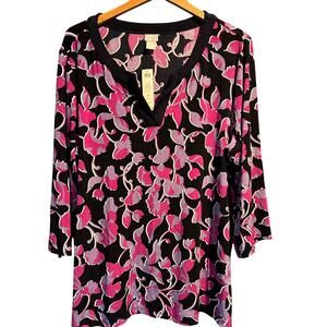 Chico's NWT Size 4 XXL 20 Floral Blouse Boho Fairy Whimsygoth Black Pink V Neck